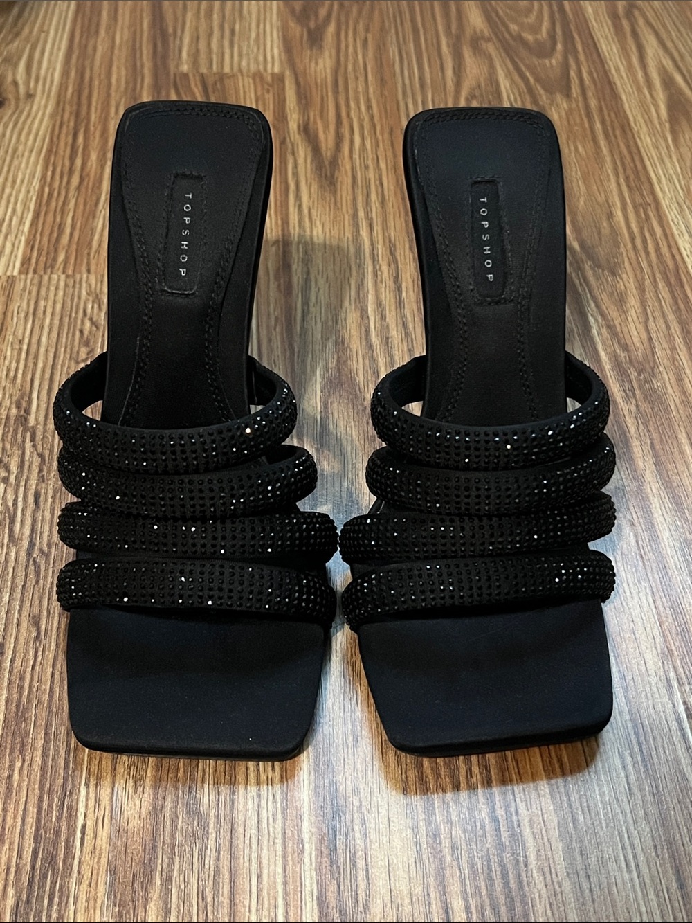 Topshop Black Crystal-Embellished Multi-Strap Mule Sandals
